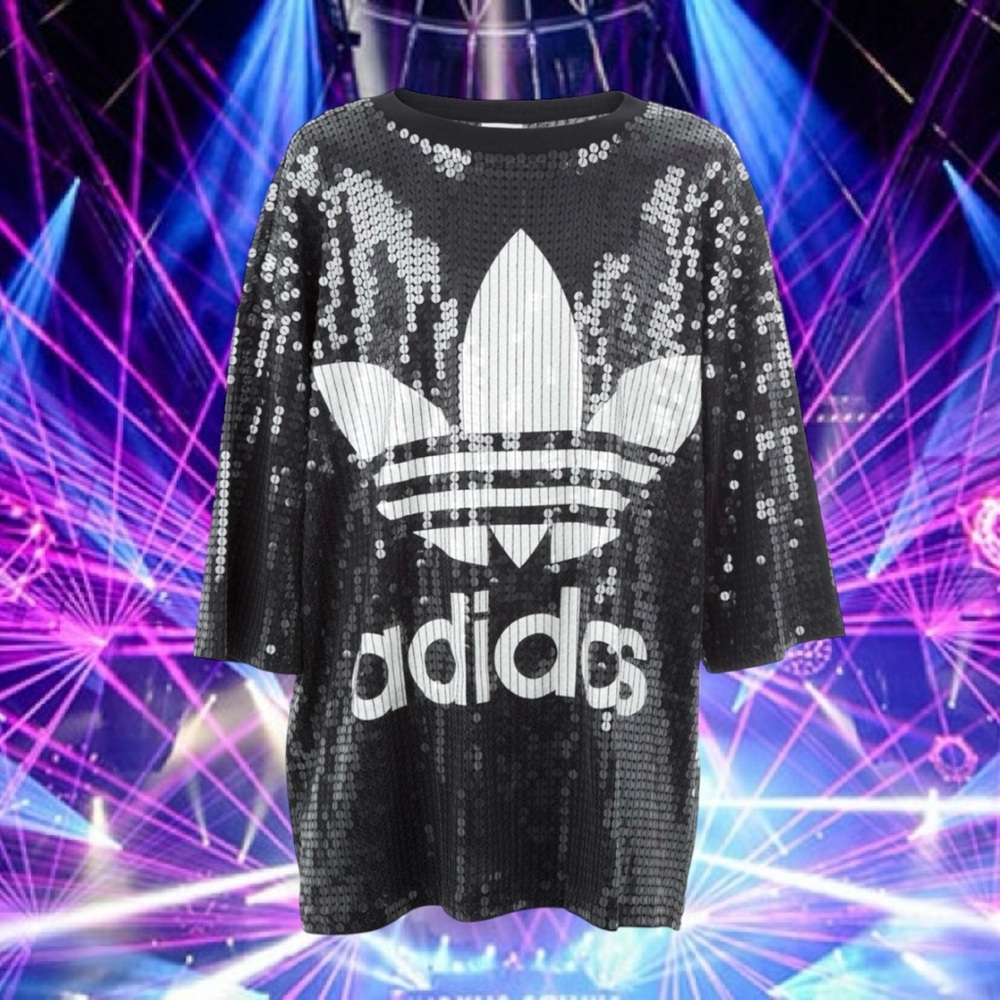 ADIDAS x JEREMY SCOTT OVERSIZED MINI JERSEY DRESS SEQUIN SHIRT LOGO DISCO- SMALL